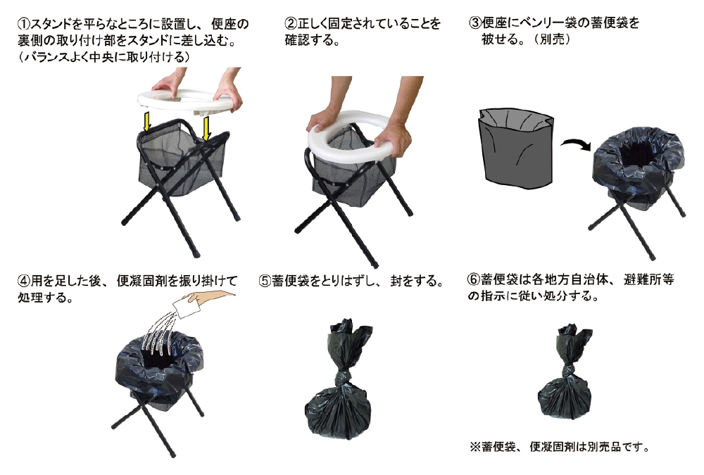ベンリートイレ｜組み立て簡単、スチール製簡易トイレ。便利な収納袋